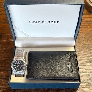 Silver Watch and Black Wallet Set